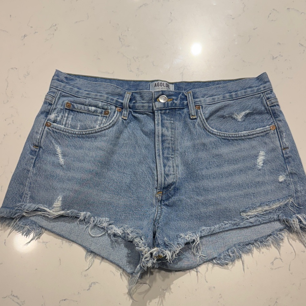 Agolde Distressed Light Blue Jean Shorts - style: Parker Short